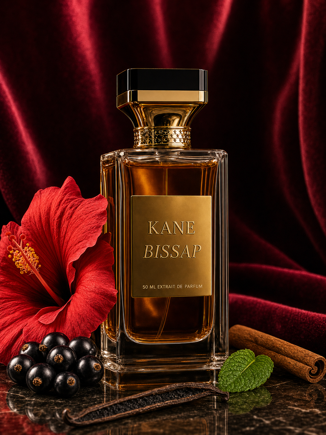 Kane Parfum Bissap — flacon éditorial marbre noir hibiscus