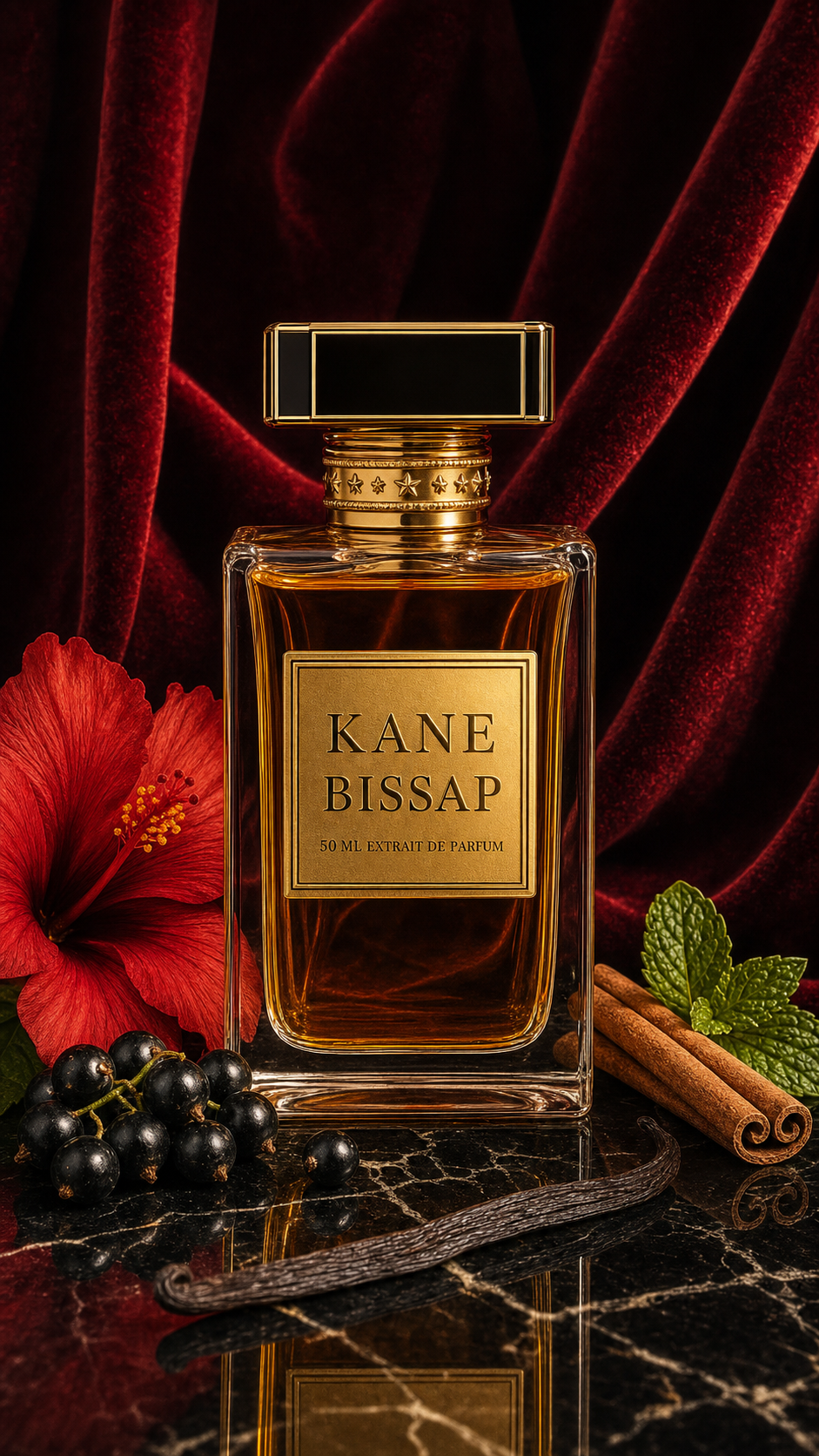 Bissap Kane Parfum — flacon éditorial hero univers rouge