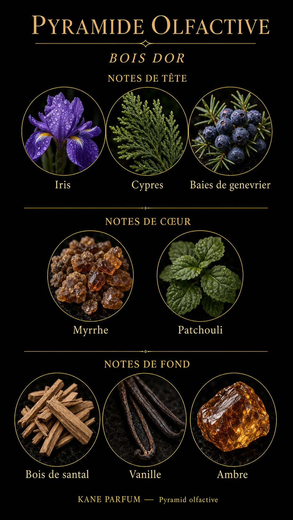 Pyramide olfactive Kane Bois d'Or - iris, cyprès, baies de genévrier, myrrhe, patchouli, bois de santal, vanille, ambre