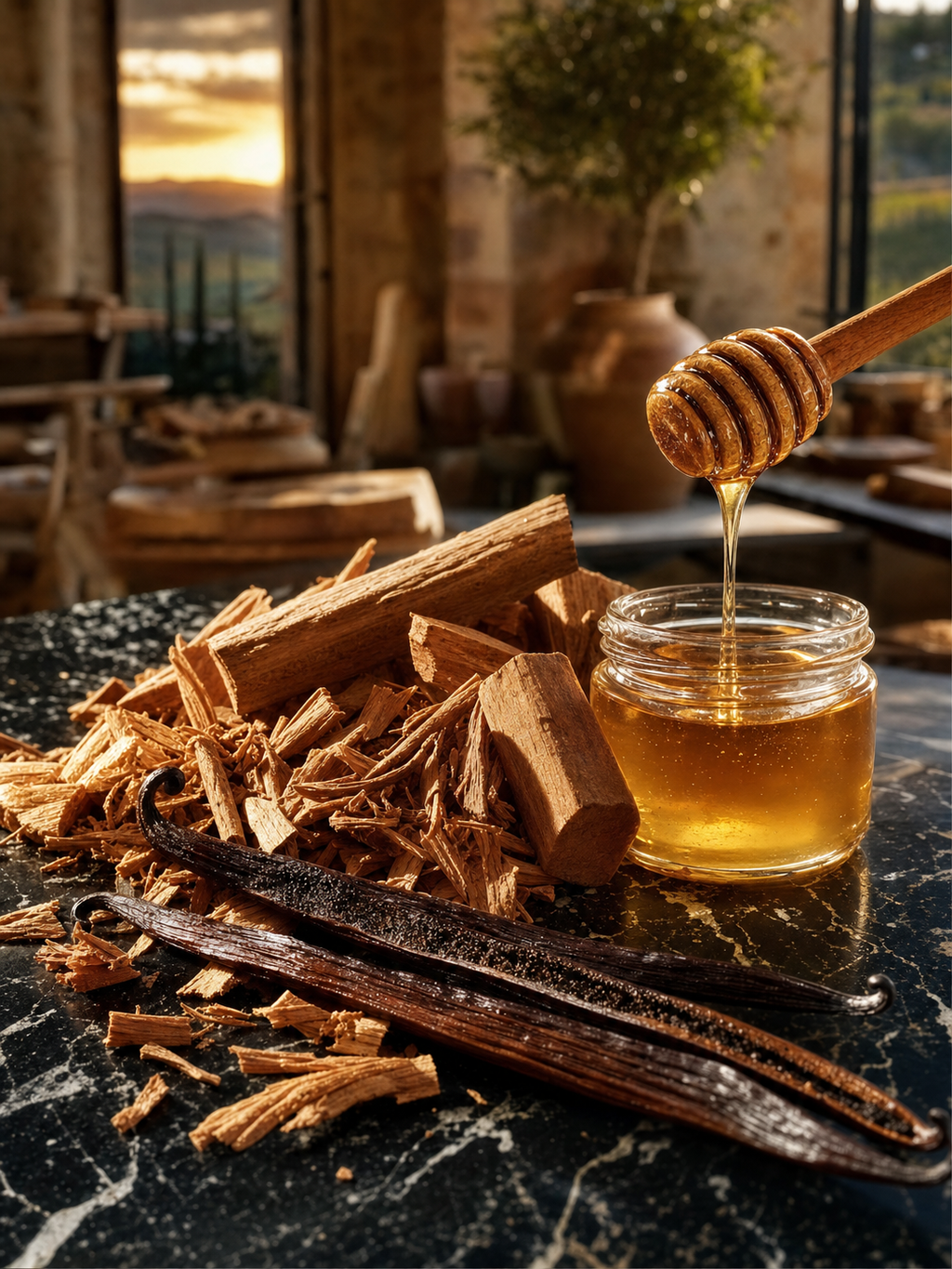 Notes de fond Bois d'Or - bois de santal, vanille, miel doré