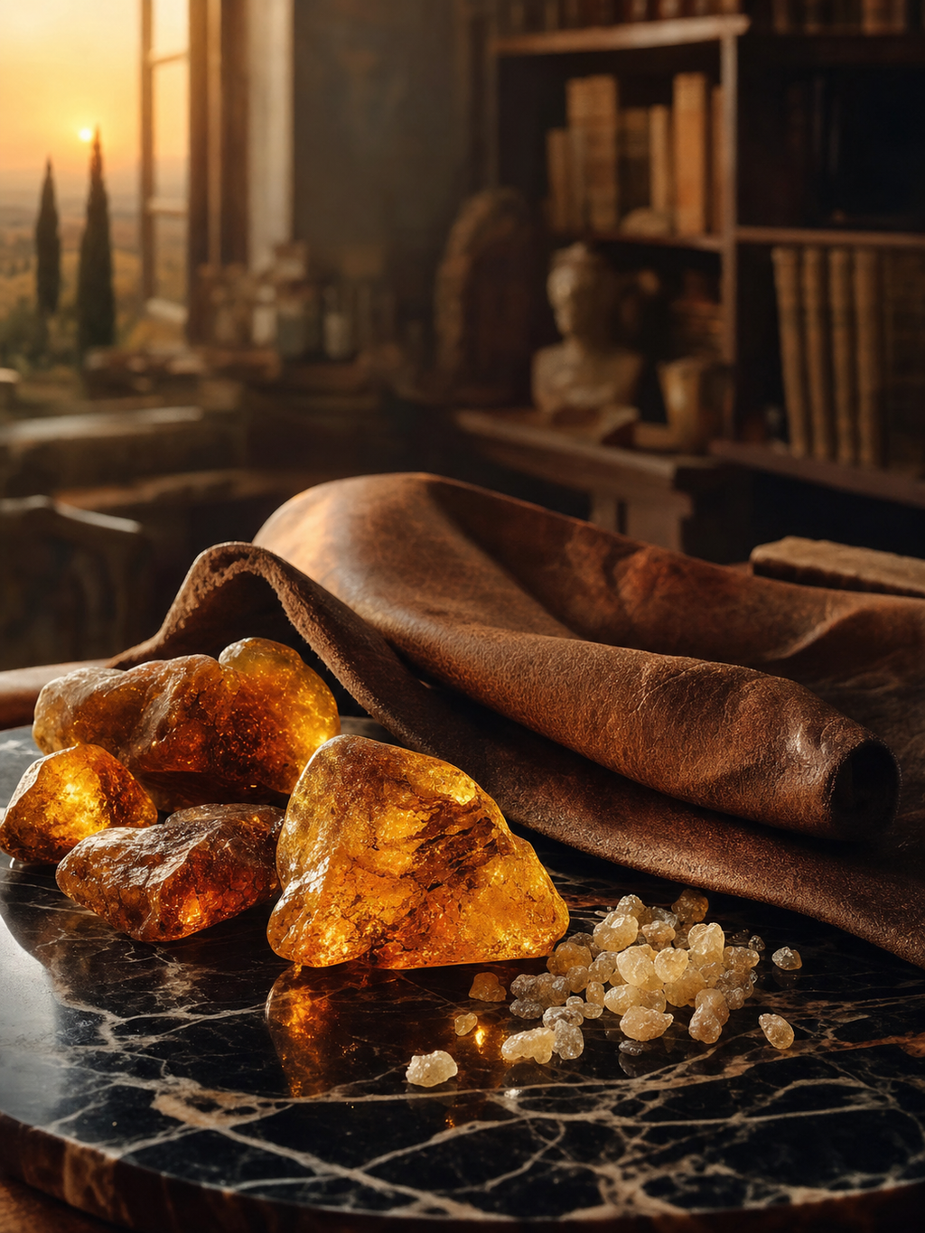 Notes de fond Bois d'Or - ambre, cuir vieilli, musc et résines