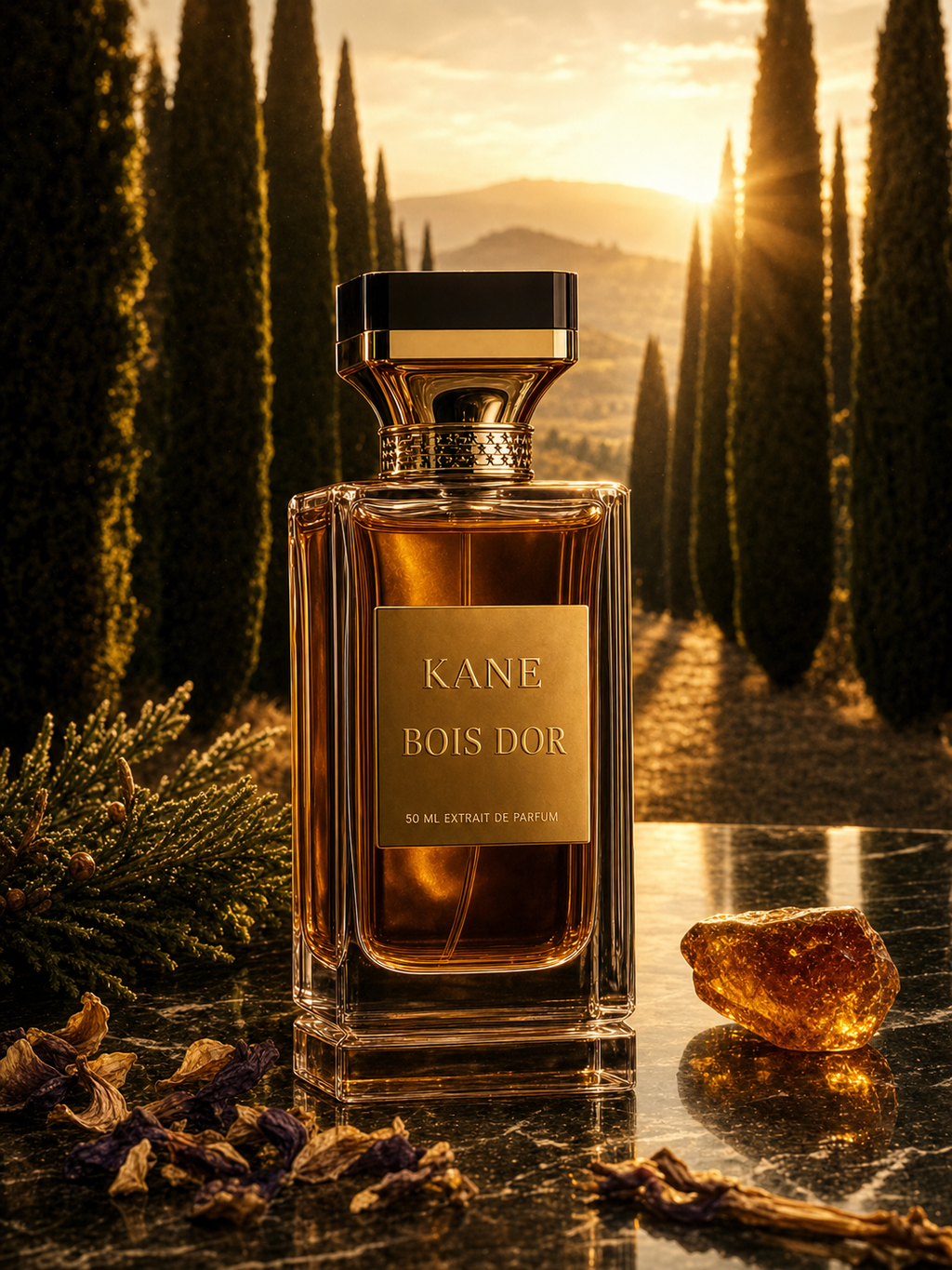 Kane Parfum Bois d'Or - allée de cyprès Toscane heure dorée