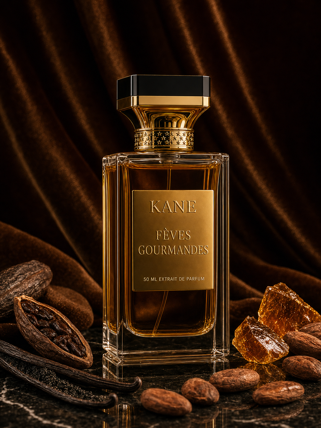 Fèves Gourmandes Kane Parfum — Extrait de Parfum 50 ml, flacon sur marbre noir avec fève tonka, vanille, cacao et caramel