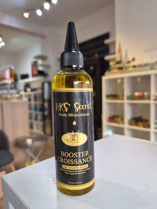 HKS' Secret Booster Croissance — Huile Miraculeuse Bio 120 ml, face du flacon avec applicateur