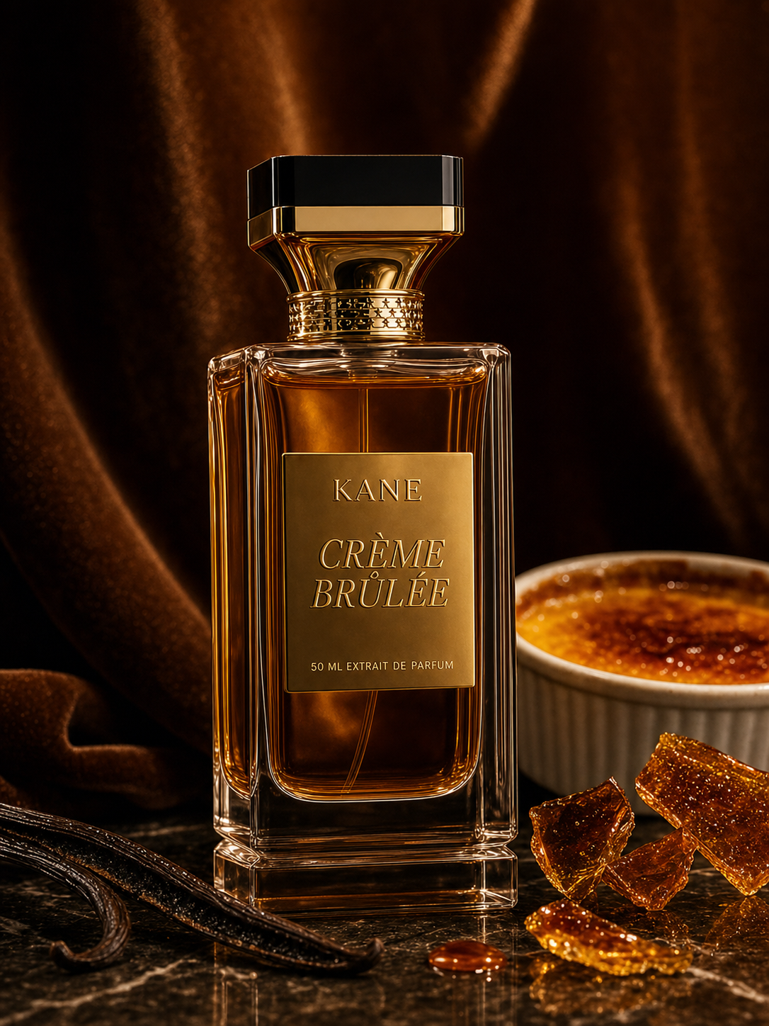 Kane Parfum Crème Brûlée — Extrait de Parfum 50 ml — flacon ambré sur velours caramel