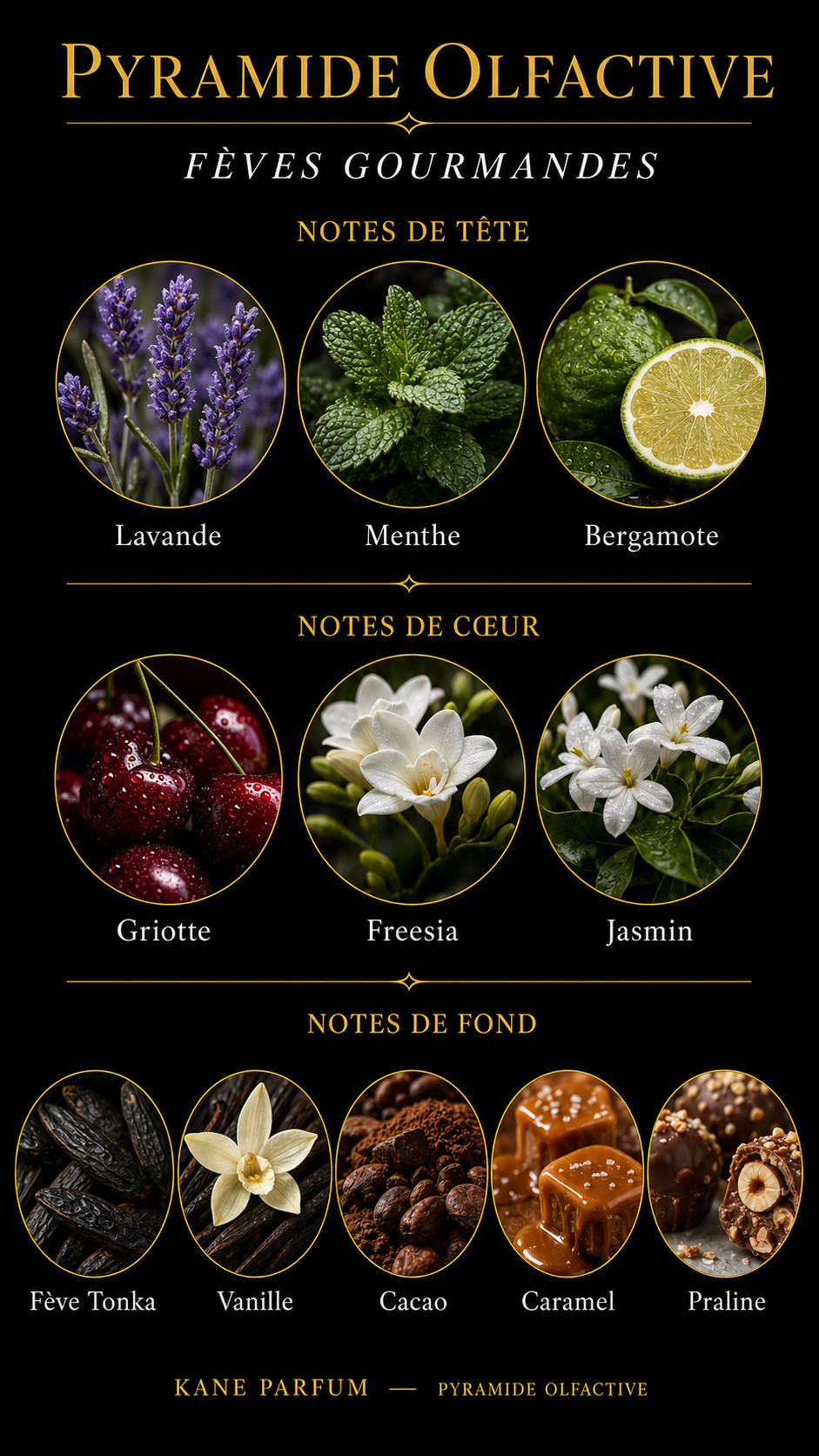 Pyramide olfactive Fèves Gourmandes — notes de tête lavande menthe bergamote, coeur griotte freesia jasmin, fond fève tonka vanille cacao caramel praline