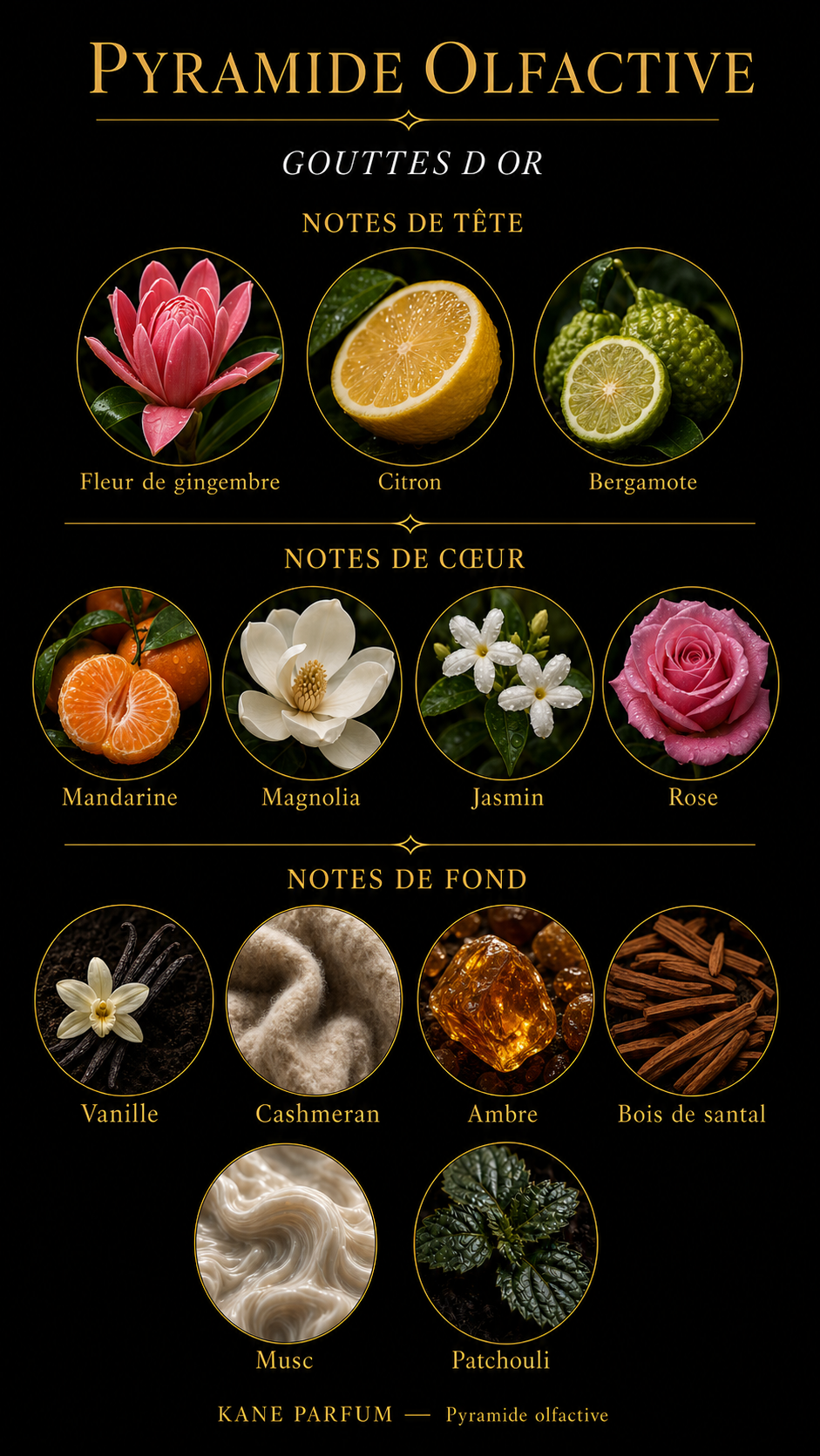 Pyramide olfactive Gouttes d'Or — Kane Parfum