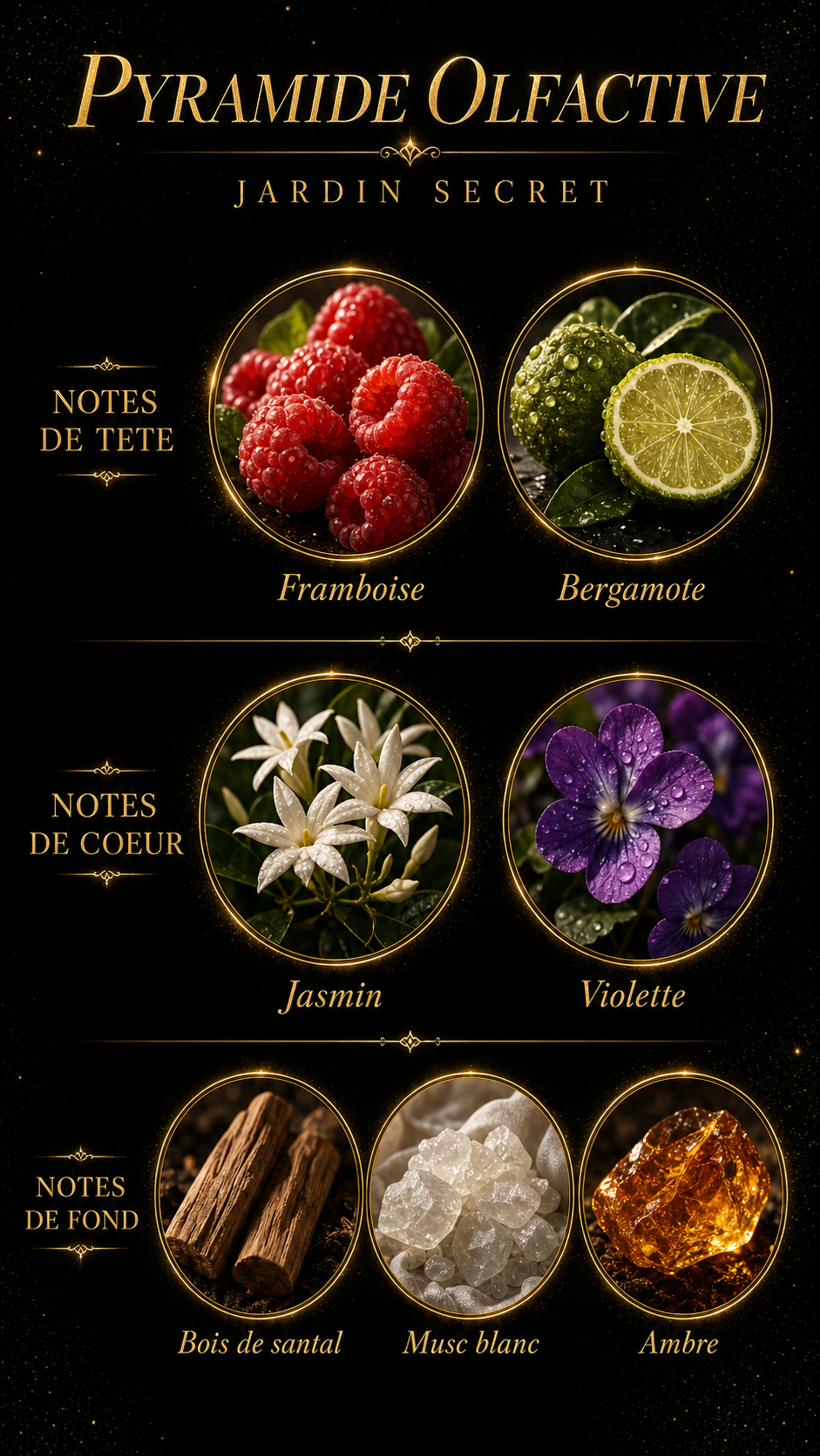 Pyramide olfactive Jardin Secret Kane Parfum — framboise bergamote jasmin violette santal musc ambre