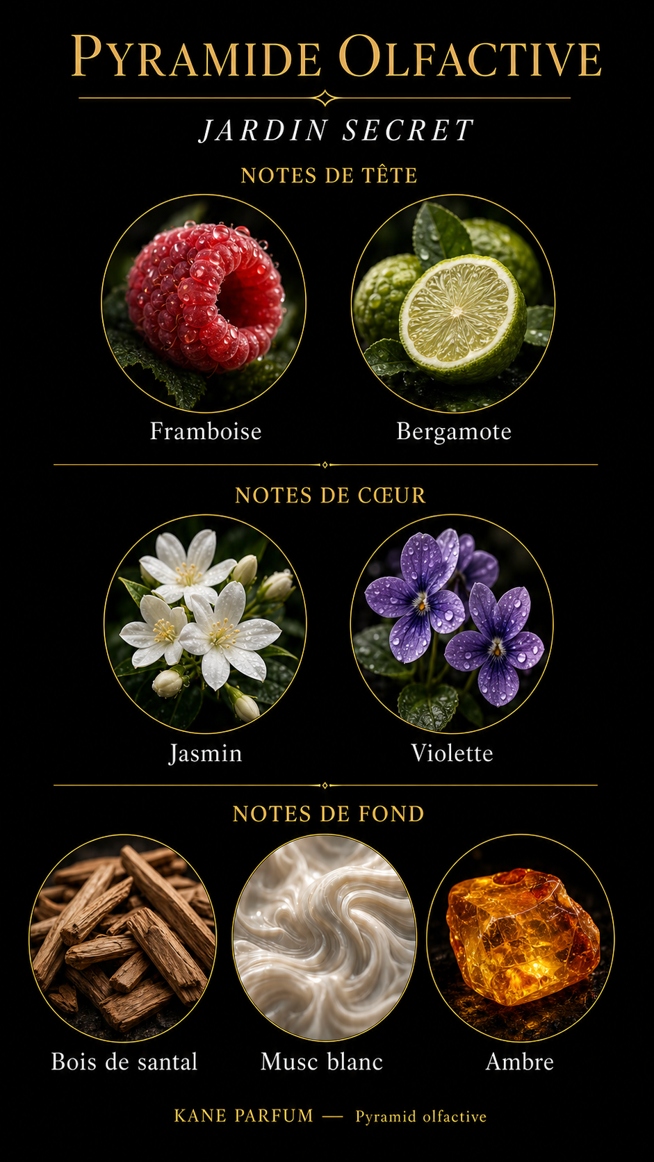 Pyramide olfactive Jardin Secret — Kane Parfum