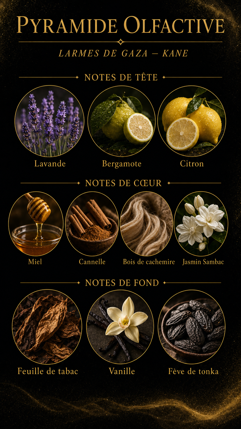 Pyramide olfactive Larmes de gaza — Kane Parfum