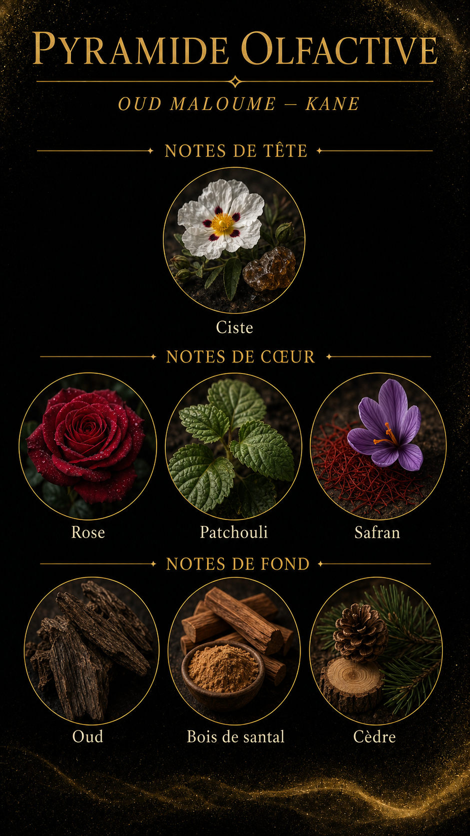 Pyramide olfactive Oud Maloume Kane Parfum : ciste, rose, patchouli, safran, oud, bois de santal, cèdre