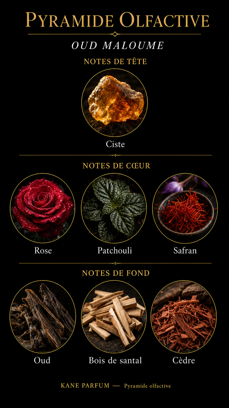 Pyramide olfactive Oud Maloume — Kane Parfum
