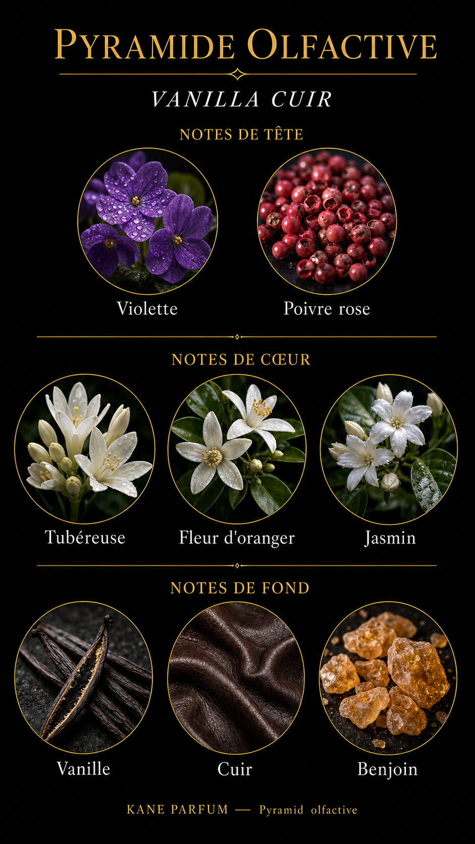 Pyramide olfactive Vanilla Cuir — Kane Parfum