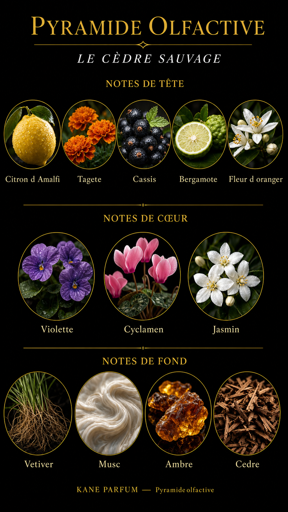 Pyramide olfactive - Le Cèdre Sauvage - Notes tête, cœur, fond